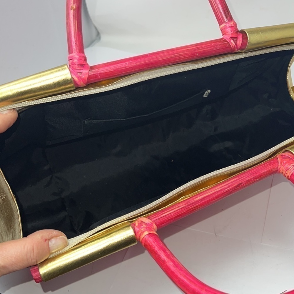 Pink Rattan Gold Lame Leather Zip Large Structured Handbag - Picture 14 of 16